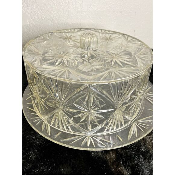 Vintage MCM Clear Lucite Plastic Cake Plate and Dome Cover Lid Starburst Pattern - Picture 2 of 6